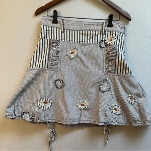 Desigual Blue White Striped Floral Embroidered Mini Skirt Sz 6